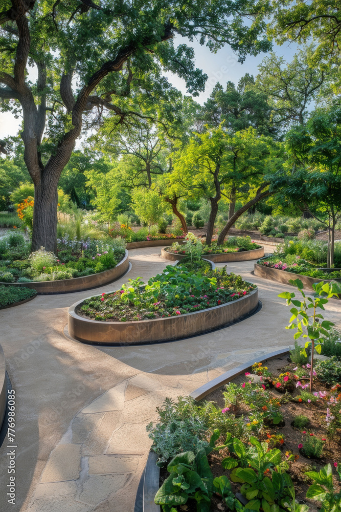 Various species of plants, flowers, and trees fill a garden, creating a vibrant and colorful scene Various species of plants, flowers, and trees fill a garden, creating a vibrant and colorful scene