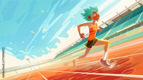 A boy with green hair run on running track. Kid training for competition, Kid runner player. Children book illustration