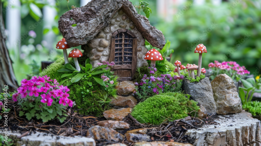 A tiny stone house with a shingled roof sits nestled among vibrant plants and whimsical mushrooms