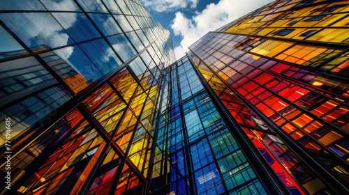 Multicolored glass buildings stand tall against a clear blue sky  creating a vibrant and modern cityscape