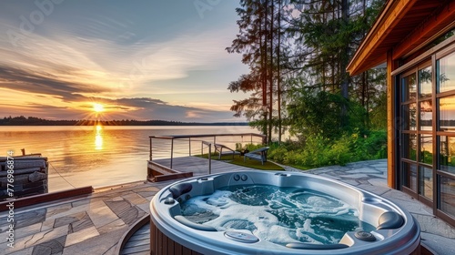 A Breathtaking Water View Meets the Comfort of a Hot Tub, Capturing the Essence of Summer Evenings at Home
