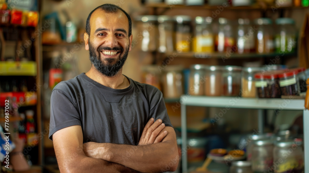 The Middle Eastern owner of the small tea business smiled and crossed his arms The Middle Eastern owner of the small tea business smiled and crossed his arms