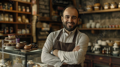 The Middle Eastern owner of the small tea business smiled and crossed his arms