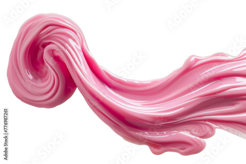 Strawberry milk swirl splash with little bubbles isolated on  background, pink water liquid wave, yogurt milk shake spatter, cosmetic face cream or lotion.