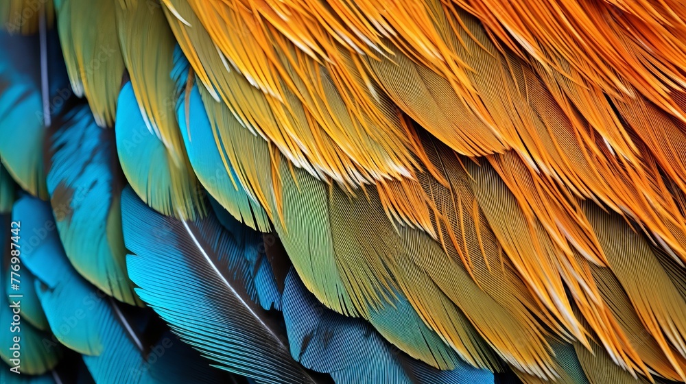 Fototapeta premium A birds feathers and plumage in a close up view with a variety of colors and textures