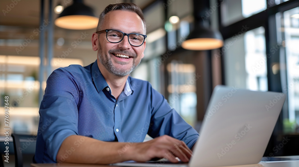 Happy mature business man executive manager looking at laptop computer watching online webinar or having remote virtual meeting, video conference call negotiation. Generative AI Happy mature business man executive manager looking at laptop computer watching online webinar or having remote virtual meeting, video conference call negotiation. Generative AI