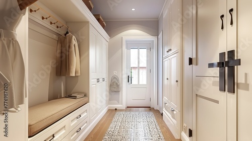 A Pristine White Hallway Cabinet Featuring Hangers  a Drawer-Fitted Bench  and Additional Storage  Adjacent to the Bathroom Door