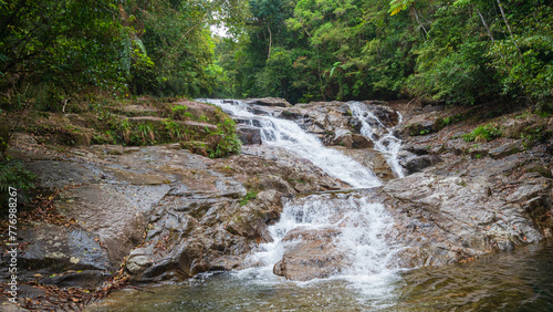 waterfalls in deep forest at Srinakarin National Park ,A beautiful stream water famous rainforest waterfall in Thailand	