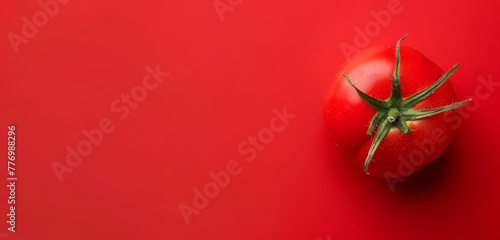Single ripe tomato on a bold red background. © Jan