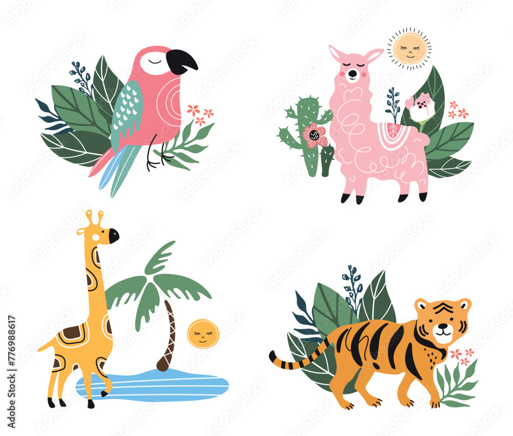 Naklejka premium Cute cartoon alpaca,tree, giraffe, parrot, tiger.