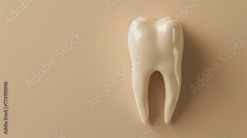 Single realistic molar tooth on beige background.