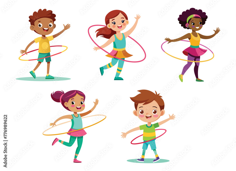 Children twirling Hula Hoops, joyful vector cartoon illustration. Energetic Kids engaging in playful activity. Children twirling Hula Hoops, joyful vector cartoon illustration. Energetic Kids engaging in playful activity.