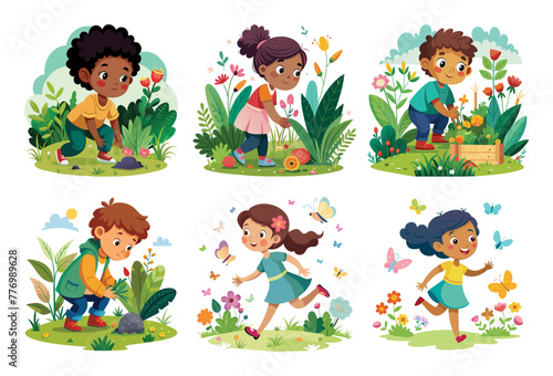 Kids engaged in gardening activities, vector cartoon illustration.