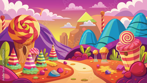 Whimsical candy land with sweet treats, Fantasy landscape vector cartoon illustration.
