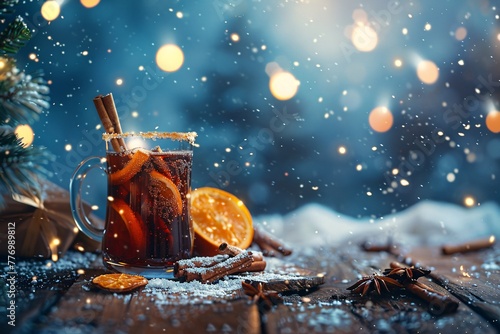 a glass of hot drink with orange slices and spices