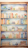 Detailed watercolor painting illustration of colorful old books in library shelf with lots of potted plants, whimsical vibe, magical children story book concept 