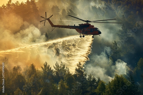 A helicopter releases water over a forest fire