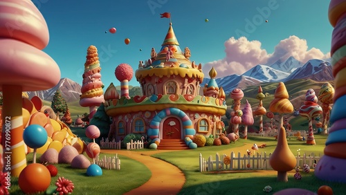 Beautiful View of Candy Land Landscape, 3D Cartoon Illustration