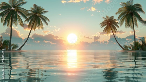 Palm trees reflecting in water during a tropical sunset