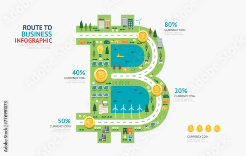Infographic business money bitcoin shape template design.route to success concept vector illustration, graphic or web design layout.