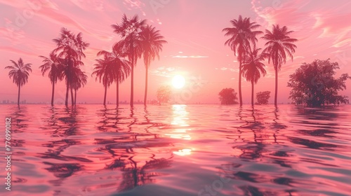 A pink sunset illuminates palm trees standing in the water