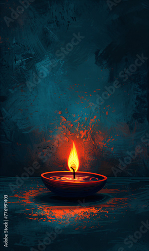 Traditional indian burning lamp in dark background. Ethnic decorations for Indian festival of lights Diwali and Pongal. Ugadi, Gudi Padwa. Hindu New Year. Religion concept with copy space