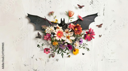 Assorted flowers digitally painted around a bat, set against a white wall background, creating a striking contrast and a vector art masterpiece,  photo
