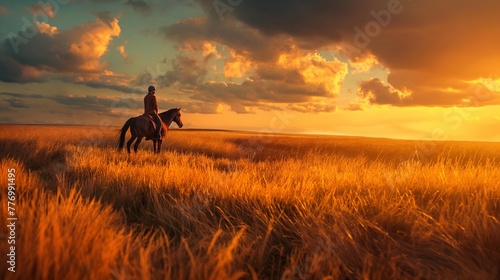 A man on a horse looks into the distance at a beautiful sunset and the setting sun in a field next to his farm photo
