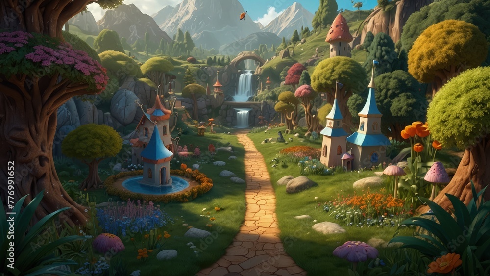 Fototapeta premium Beautiful View of Fairyland Castle Landscape, 3D Cartoon Illustration