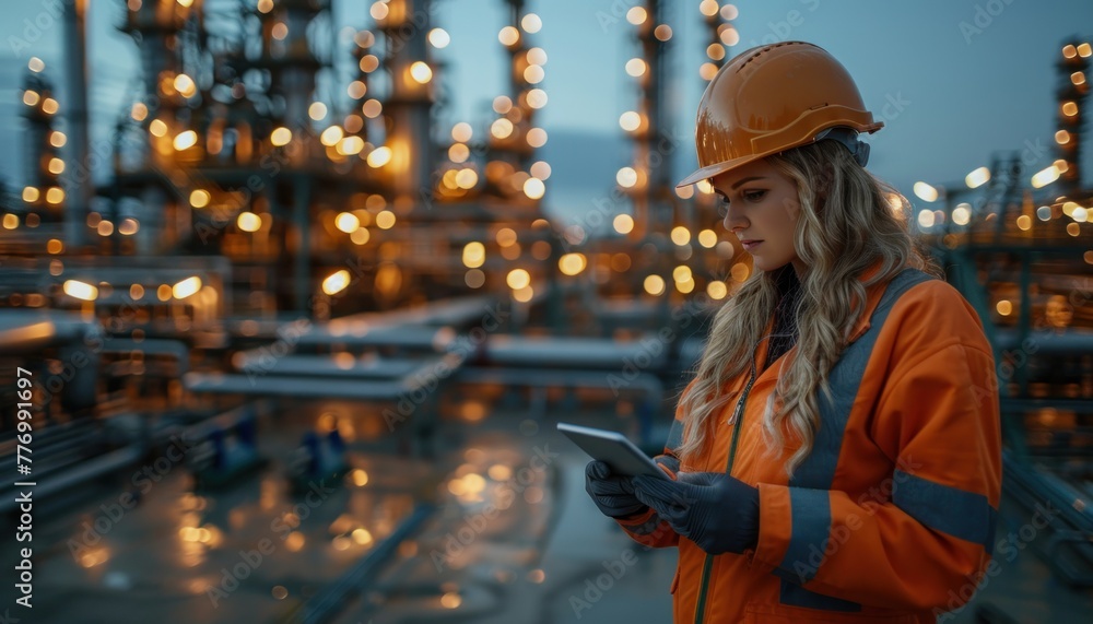 A woman wearing an orange jacket and hard hat examines a tablet device A woman wearing an orange jacket and hard hat examines a tablet device