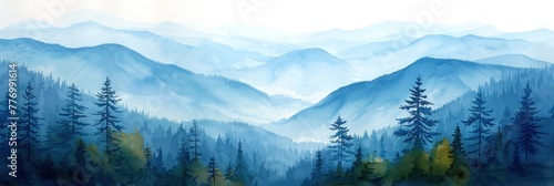 Painting of a mountain landscape dominated by tall pine trees