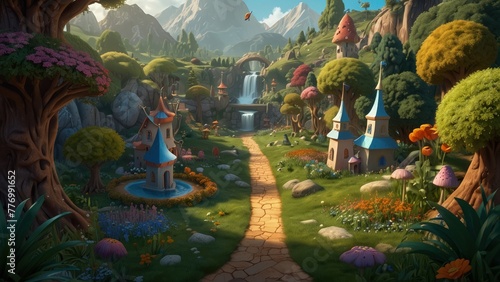 Beautiful View of Fairyland Castle Landscape, 3D Cartoon Illustration