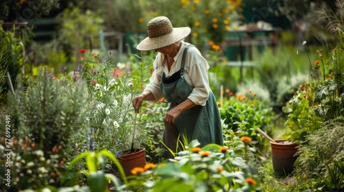 Senior gardener tending plants in garden
