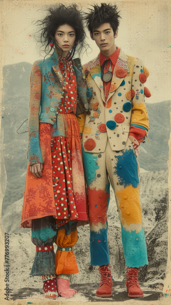 two people standing together with colorful outfits, in the style of surrealistic assemblages, mountainous vistas, coralpunk, alice rahon, dotted, infrared, felt creations