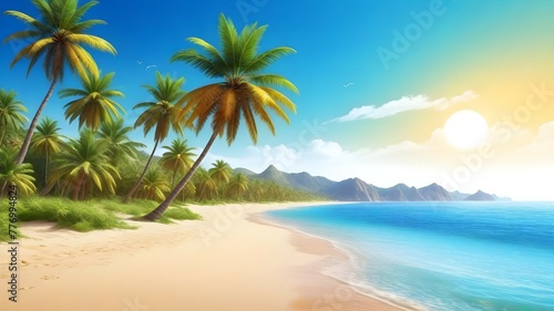 Beautiful background for summer vacation and travel. Golden sand of tropical beach  blurry palm leaves and bokeh highlights on water on sunny day