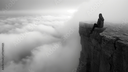Black and white images that capture moments of solitude Where a person sits on the edge of a cliff overlooking a vast valley filled with clouds below.