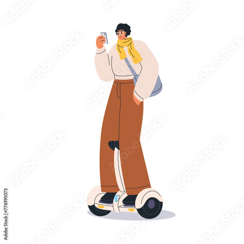 Person riding electric gyroscooter, using phone. Woman on eco green urban transport, two-wheeled gyroboard, standing on gyro scooter. Flat graphic vector illustration isolated on white background.