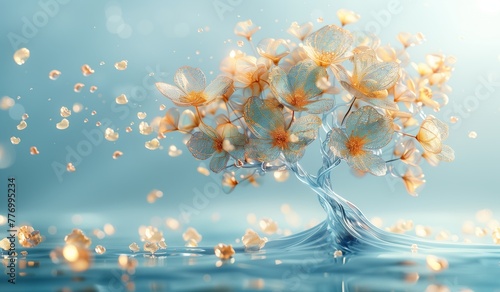 A beautiful tree sculpture made of flowers appears to be floating gracefully in the azure waters, creating a stunning natural landscape art piece against the backdrop of the sky and fluffy clouds