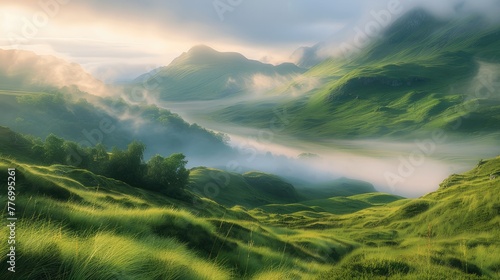 A serene morning in the Highlands  with mist rolling over lush green hills and the first light of dawn casting a warm glow. Generative AI.