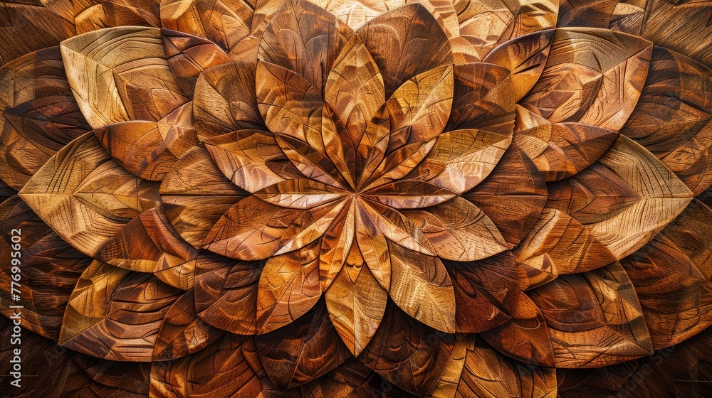 A detailed flower pattern adorns a wooden wall, showcasing skilled craftsmanship in marquetry veneer, wallpaper.