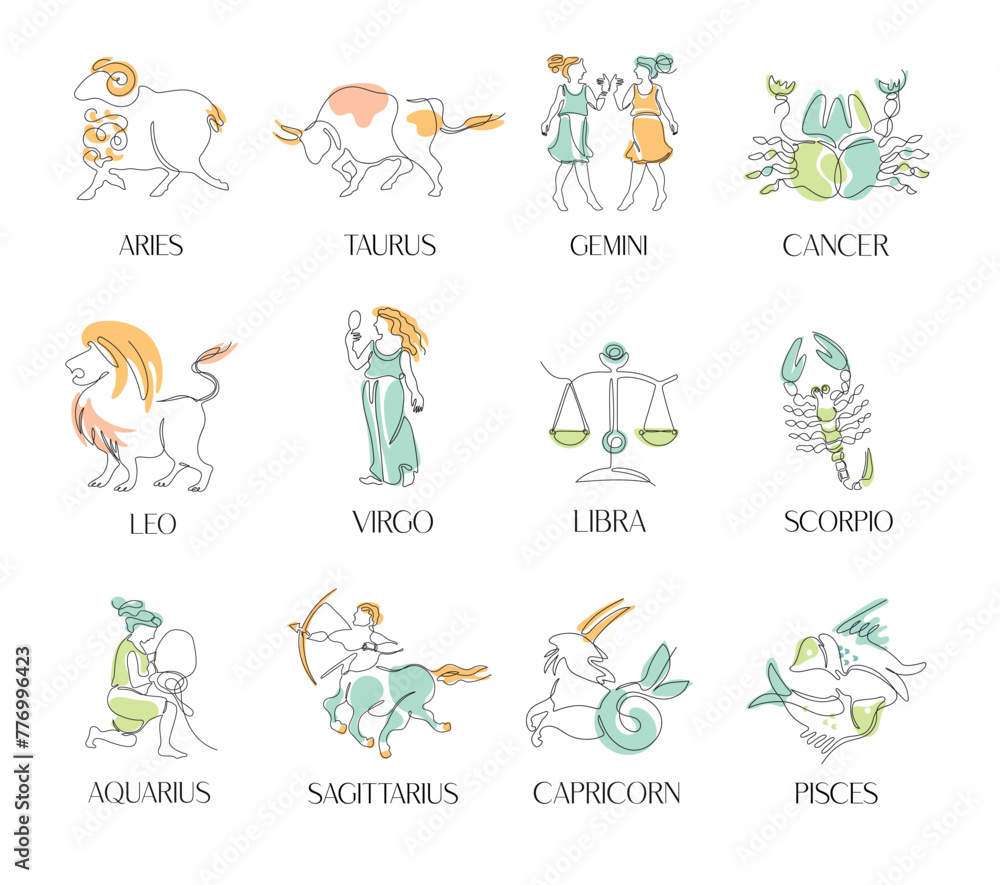 Fototapeta premium Set of zodiac signs. Aries, Taurus, Gemini, Cancer, Virgo ,Leo, Libra, Scorpio, Sagittarius, Capricorn, Aquarius, Pisce.