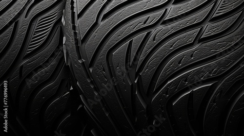 A close up of the texture of a rubber tire tread, with grooves and patterns photo