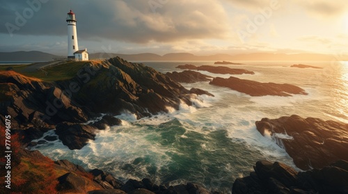 A majestic and impressive lighthouse on a rugged coast with a cloudy sky and a misty sea