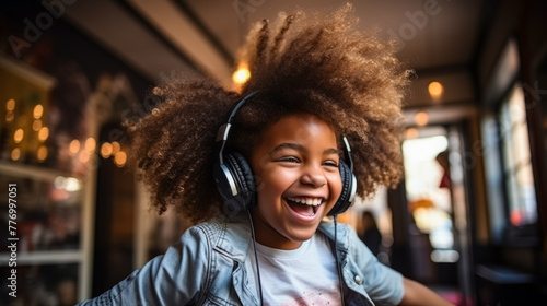 A young Afro boy 14 years old enjoying music in her cozy living room, wearing headphones and dancing with a carefree and joyful expression, capturing the essence of a relaxed and stylish lifestyle photo