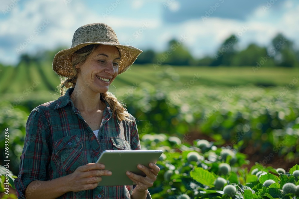 Fototapeta premium Farmer with tablet in the field . Agriculture, gardening, business or ecology concept. Growth dynamics. copy space