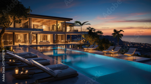day lights Photograph an opulent villa escape: infinity pool vistas, panoramic landscapes, lavish interiors, elite amenities, secluded indulgence, sumptuous luxury, ultimate relaxation sanctuaries, photo