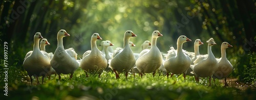 A Gathering of Geese in a Field of Grass Generative AI
