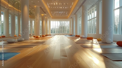 A spacious yoga studio with mirrors on the walls, wooden floors and bright lights from large windows. Generative AI.