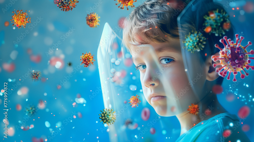 The boy child is behind shields invisible from bacteria and disease. The concept of vaccination of children and protection against viruses. The boy child is behind shields invisible from bacteria and disease. The concept of vaccination of children and protection against viruses.
