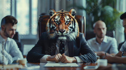 Office worker in the image of a tiger at a meeting . Concept self-confident successful businessman